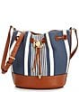 Color:Atlantic Stripe/Indigo/LRN Tan - Image 1 - Striped Medium Andie Drawstring Bucket Bag