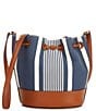 Color:Atlantic Stripe/Indigo/LRN Tan - Image 2 - Striped Medium Andie Drawstring Bucket Bag