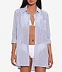 Color:Blue/White - Image 1 - Striped Point Collar Long Cuff Sleeve Camp Swim Cover Up Shirt