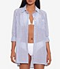 Color:Blue/White - Image 1 - Striped Point Collar Long Cuff Sleeve Camp Swim Cover Up Shirt