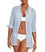Color:Blue/White - Image 5 - Striped Point Collar Long Cuff Sleeve Camp Swim Cover Up Shirt