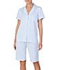 Color:French Blue/White Stripe - Image 1 - Striped Print Soft Jersey Knit Short Sleeve Chest Pocket Notch Collar Bermuda Coordinating Pajama Set
