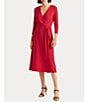 Color:Sport Pink - Image 1 - Surplice V-Neck 3/4 Sleeve Faux Wrap Midi Dress
