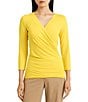 Color:Lemon Daffodil - Image 1 - Surplice V-Neckline 3/4 Sleeve Jersey Top