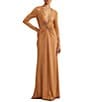 Color:Argan Bronze - Image 1 - Twist Front Foiled Jersey V-Neck Long Sleeve Gown