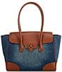 Lauren Ralph Lauren Tanner Washed Denim Contrast Trim Large Satchel Bag, Color:Blue - Image 1