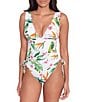 Color:Multi - Image 1 - Watercolor Tropical Floral Print Shirred Side Tie Plunge Tank One Piece Swimsuit