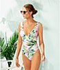Color:Multi - Image 4 - Watercolor Tropical Floral Print Shirred Side Tie Plunge Tank One Piece Swimsuit