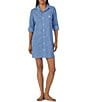 Color:Blue Stripe - Image 1 - Woven Striped Rolled Tab Sleeve Button-Front Nightshirt