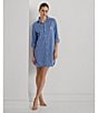 Color:Blue Stripe - Image 5 - Woven Striped Rolled Tab Sleeve Button-Front Nightshirt