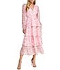 Layered With Love Amanda Organza Chiffon Floral Print V-Neck Long Sleeve Ruffle Tiered A-Line Midi Dress, Color:Falling Flowers - Image 1