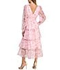 Layered With Love Amanda Organza Chiffon Floral Print V-Neck Long Sleeve Ruffle Tiered A-Line Midi Dress, Color:Falling Flowers - Image 2