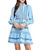 Layered With Love Carla Woven Mock Neck Long Sleeves Ruffle Tiered Hem Fit & Flare Mini Dress, Color:Light Blue - Image 3
