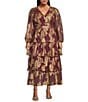 Layered With Love Plus Size Foil Print Chiffon V-Neck Long Sleeve Ruffle Tiered A-Line Dress, Color:Burgundy/Gold - Image 1