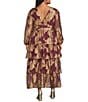 Layered With Love Plus Size Foil Print Chiffon V-Neck Long Sleeve Ruffle Tiered A-Line Dress, Color:Burgundy/Gold - Image 2