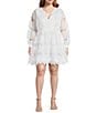 Layered With Love Plus Size V-Neck Long Sleeve Front Button Loop Scalloped Hem Lace Sheath Dress, Color:White - Image 1