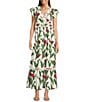 Layered With Love Poplin Floral Print V Neck Cap Flutter Sleeve A-Line Maxi Dress, Color:Palm Royale - Image 1