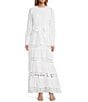 Layered With Love Woven Cotton Crew Neck Blouson Sleeves Belted Crochet Trim A-Line Maxi Dress, Color:White - Image 1