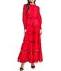 Layered With Love Woven Cotton Crew Neck Blouson Sleeves Belted Crochet Trim A-Line Maxi Dress, Color:Candy Apple - Image 1