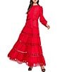 Layered With Love Woven Cotton Crew Neck Blouson Sleeves Belted Crochet Trim A-Line Maxi Dress, Color:Candy Apple - Image 3