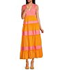 Color:Coral/Mango - Image 1 - Daphne Color Block Surplice V-Neck Drawstring Tie Shoulder Back Detail Sleeveless Tiered Waistless Maxi Dress