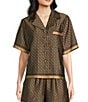 Color:Brown/Black - Image 1 - Coordinating Border Printed Button Front Short Sleeve Cropped Satin Coordinating Camp Shirt