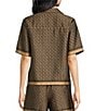 Color:Brown/Black - Image 2 - Coordinating Border Printed Button Front Short Sleeve Cropped Satin Coordinating Camp Shirt