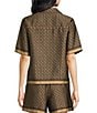 Le' AL.X Logo Print Satin Notch Lapel Short Sleeve Cropped Coordinating Camp Shirt, Color:Brown/Black - Image 2