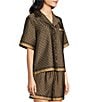 Le' AL.X Logo Print Satin Notch Lapel Short Sleeve Cropped Coordinating Camp Shirt, Color:Brown/Black - Image 3