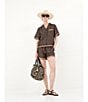 Le' AL.X Logo Print Satin Notch Lapel Short Sleeve Cropped Coordinating Camp Shirt, Color:Brown/Black - Image 11