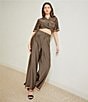 Le' AL.X Logo Print Satin High Waisted Pleated Front Wide Leg Coordinating Pants, Color:Brown/Black - Image 8