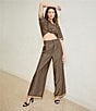 Le' AL.X Logo Print Satin High Waisted Pleated Front Wide Leg Coordinating Pants, Color:Brown/Black - Image 9