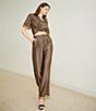 Le' AL.X Logo Print Satin High Waisted Pleated Front Wide Leg Coordinating Pants, Color:Brown/Black - Image 10