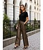 Le' AL.X Logo Print Satin High Waisted Pleated Front Wide Leg Coordinating Pants, Color:Brown/Black - Image 12