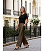 Le' AL.X Logo Print Satin High Waisted Pleated Front Wide Leg Coordinating Pants, Color:Brown/Black - Image 13