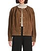 Le' AL.X Genuine Suede Pleated Crew Neck Long Sleeve Button Front Bomber Jacket, Color:Cocoa Brown - Image 1