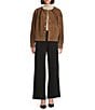 Le' AL.X Genuine Suede Pleated Crew Neck Long Sleeve Button Front Bomber Jacket, Color:Cocoa Brown - Image 3