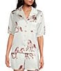 Le' AL.X Horse Print Satin Notch Lapel Short Sleeve Cropped Coordinating Camp Shirt, Color:Ecru/Spice - Image 1