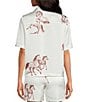 Le' AL.X Horse Print Satin Notch Lapel Short Sleeve Cropped Coordinating Camp Shirt, Color:Ecru/Spice - Image 2