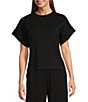 Le' AL.X Knit Crew Neck Drop Short Cuff Sleeve Coordinating Tee, Color:Black - Image 1