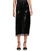Le' AL.X Sequin Knit High Rise Sheath Slip Midi Sheer Hem Coordinating Skirt, Color:Black - Image 1