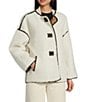 Le' AL.X Shearling Contrast Trim Crew Neck Long Sleeve Button Front Mid Length Bomber Jacket, Color:Ivory/Brown - Image 1