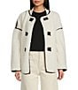 Le' AL.X Shearling Contrast Trim Crew Neck Long Sleeve Button Front Mid Length Bomber Jacket, Color:Ivory/Brown - Image 2