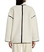 Le' AL.X Shearling Contrast Trim Crew Neck Long Sleeve Button Front Mid Length Bomber Jacket, Color:Ivory/Brown - Image 3