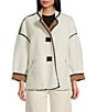 Le' AL.X Shearling Contrast Trim Crew Neck Long Sleeve Button Front Mid Length Bomber Jacket, Color:Ivory/Brown - Image 4