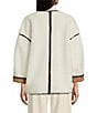Le' AL.X Shearling Contrast Trim Crew Neck Long Sleeve Button Front Mid Length Bomber Jacket, Color:Ivory/Brown - Image 5