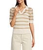 Le' AL.X Stripe Knit Wide Mesh Polo Collar V-Neck Short Rugby Top, Color:Tan/Ivory - Image 1