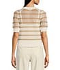 Le' AL.X Stripe Knit Wide Mesh Polo Collar V-Neck Short Rugby Top, Color:Tan/Ivory - Image 2