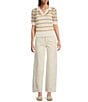 Le' AL.X Stripe Knit Wide Mesh Polo Collar V-Neck Short Rugby Top, Color:Tan/Ivory - Image 3