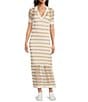 Le' AL.X Stripe Knit Wide Mesh Polo Collar V-Neck Short Sleeve Sheath Maxi Dress, Color:Tan/Ivory - Image 1